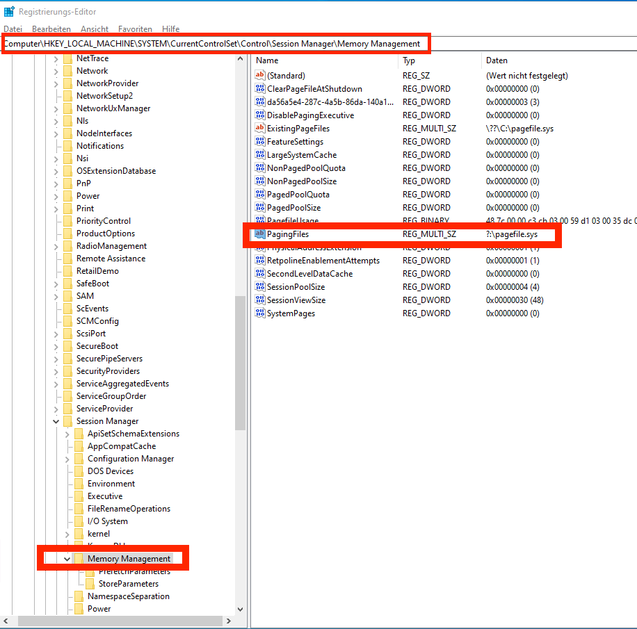 Registry pagefile sys ändern Verzeichnis und Dateiname 01